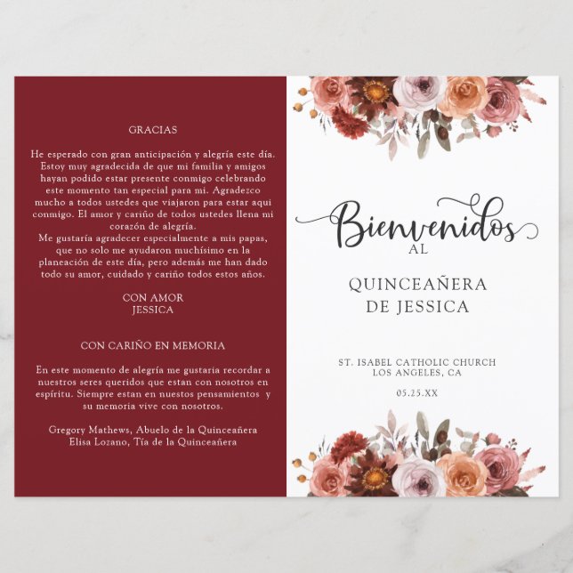 Spanisches Programm Burgund Blush Quinceanera (Vorderseite)