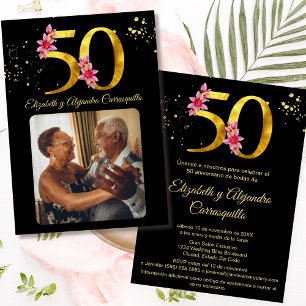 Spanisches Schwarzes Gold Foto Blumen 50. Jubiläum Einladung