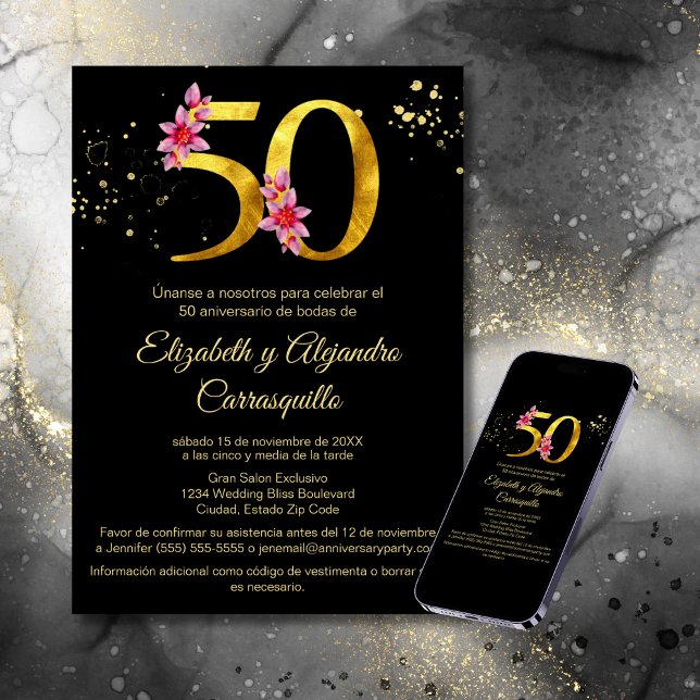 Spanisches Schwarzes Gold Rosa Flora 50 Jahre Jubi Einladung (Von Creator hochgeladen)