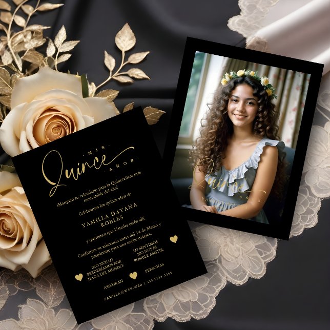Spanish Black Trendy Quinceañera Collage 4 Photos RSVP Karte (Spanish Black Trendy Quinceañera Collage 4 Photos RSVP Card. )