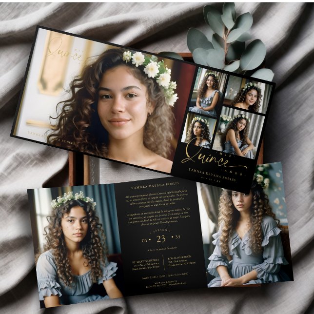 Spanish Black Trendy Quinceañera Collage 7 Photos Dreifach Gefaltete Einladung (Spanish Black Trendy Quinceañera Collage 7 Photos Invitation Tri-Fold Card with Envelope.)