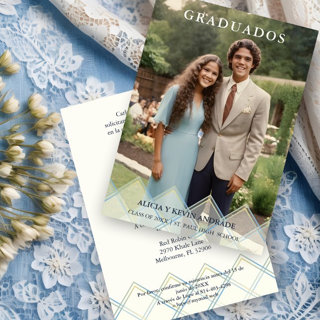 Spanish Blue Shades Overlay Vellum Shapes Photo  Einladung (Spanish Blue Shades Overlay Transparency Shapes Photo Graduates Invitation Card with Envelope.)