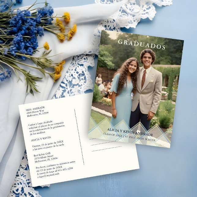 Spanish Blue Shades Overlay Vellum Shapes Photo Postkarte (Spanish Blue Shades Overlay Transparency Shapes Photo Graduates Postcard Invitation.)