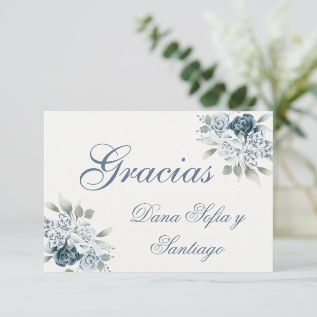Spanish Blue Wedding Vielen Dank RSVP Karte (Stehend Vorderseite)