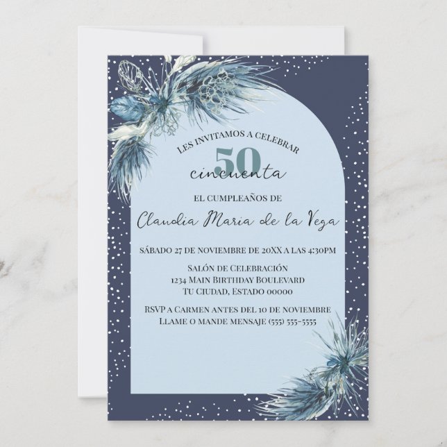 Spanish Blue Winter Florals 50. Geburtstagsparty Einladung (Vorderseite)