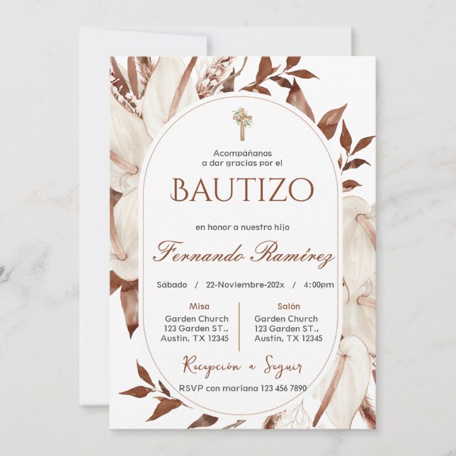 Spanish Boho Baptism Floral invitation Einladung (Vorderseite)