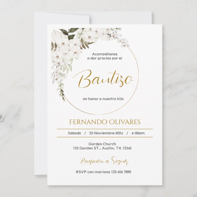 Spanish Boho Baptism Floral invitation Einladung (Vorderseite)