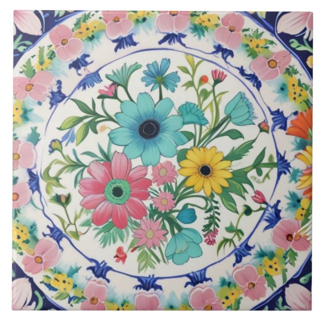 Spanish Colorful Vibrant Flowers Pink Blue Floral Fliese (Vorderseite)