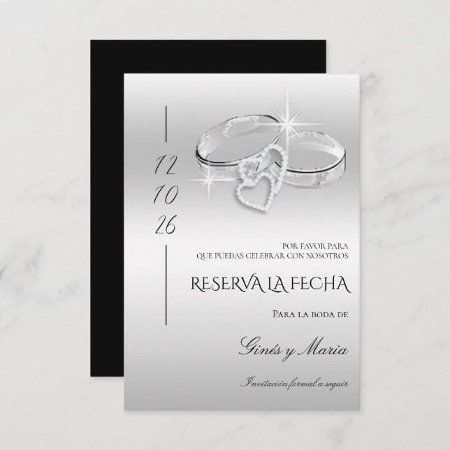 Spanish Decorative Glitzy Silver Wedding Rings  Save The Date (Vorne/Hinten)