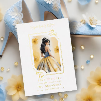 Spanish Elegant Quinceañera Yellow Doll Floral Folieneinladung