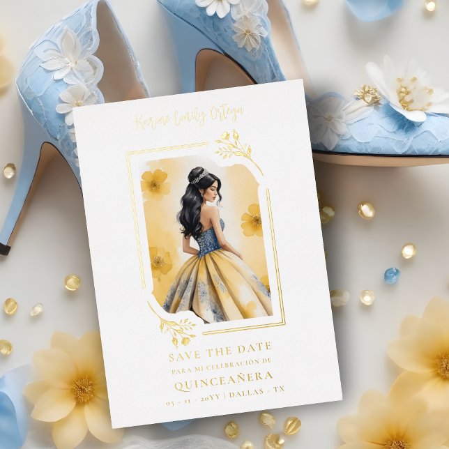 Spanish Elegant Quinceañera Yellow Doll Floral Folieneinladung (Spanish Elegant Quinceañera in Yellow Doll Floral Frame Metallic Foil Save the Date Card. )