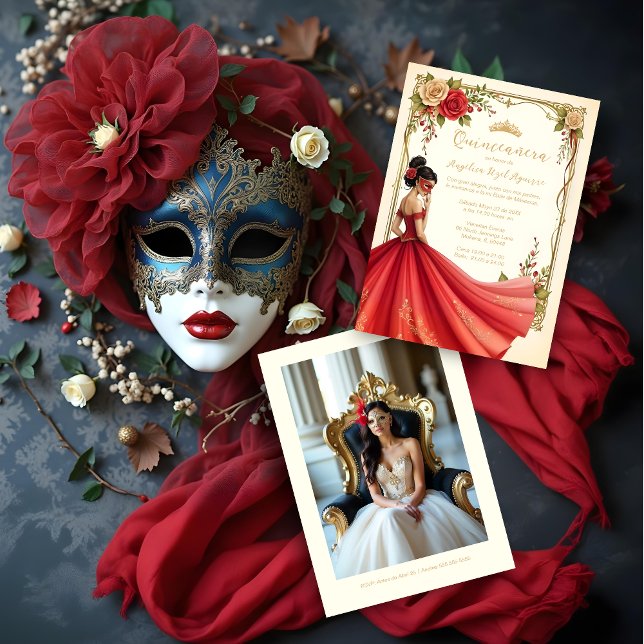 Spanish Exquisite Chic Quinceañera Masquerade Ball Einladung (Spanish Exquisite Elegant Quinceañera Masquerade Ball Golden Effect Invitation Cards.)