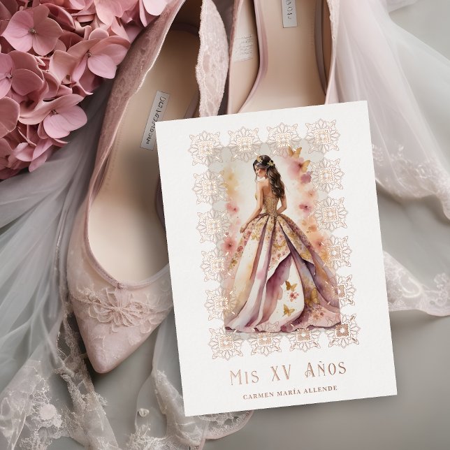 Spanish Glam Quinceañera Rose Gold Ornate Frame Folieneinladung (Spanish Glam Quinceañera Rose Gold Ornate Frame Metallic Foil Invitation Card. )