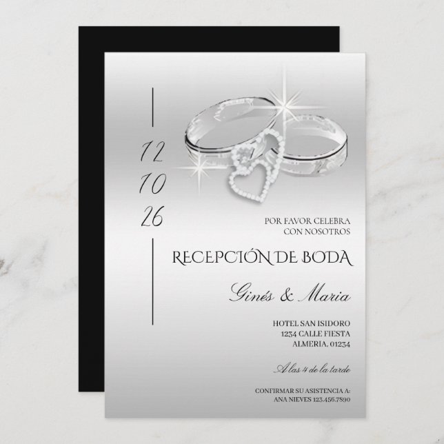 Spanish Glitzy Silver Wedding Rings Reception Einladung (Vorne/Hinten)