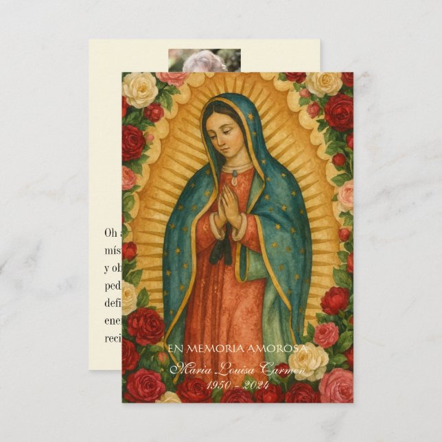 Spanish Guadalupe Photo Funeral Prayer  Holy Card Ankündigung (Vorne/Hinten)