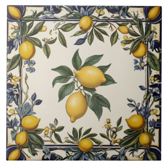 Spanish Lemon Yellow Lemons Vintage Blue & White Fliese (Vorderseite)