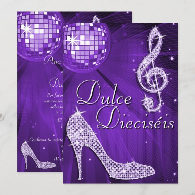 Spanish Lilac Disco Ball & Sparkle Heels Sweet 16 Einladung (Vorne/Hinten)