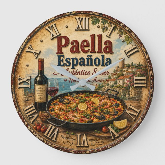 Spanish Paella Rustic Mediterranean Kitchen  Große Wanduhr (Vorderseite)