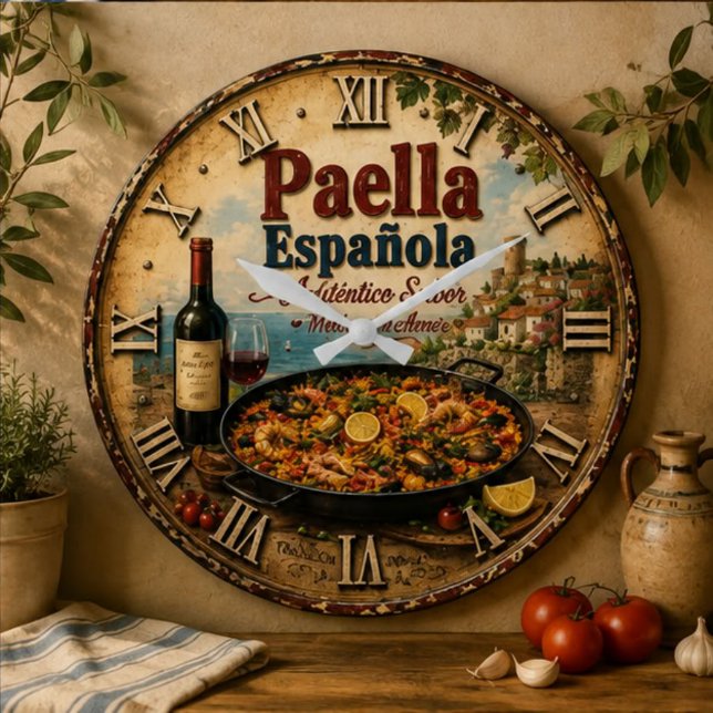 Spanish Paella Rustic Mediterranean Kitchen  Große Wanduhr (Von Creator hochgeladen)