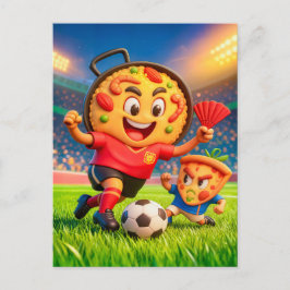Spanish paella versus Italian pizza soccer duel Postkarte