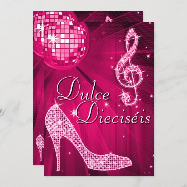 Spanish Pink Disco Ball & Sparkle Heels Sweet 16 Einladung (Vorne/Hinten)