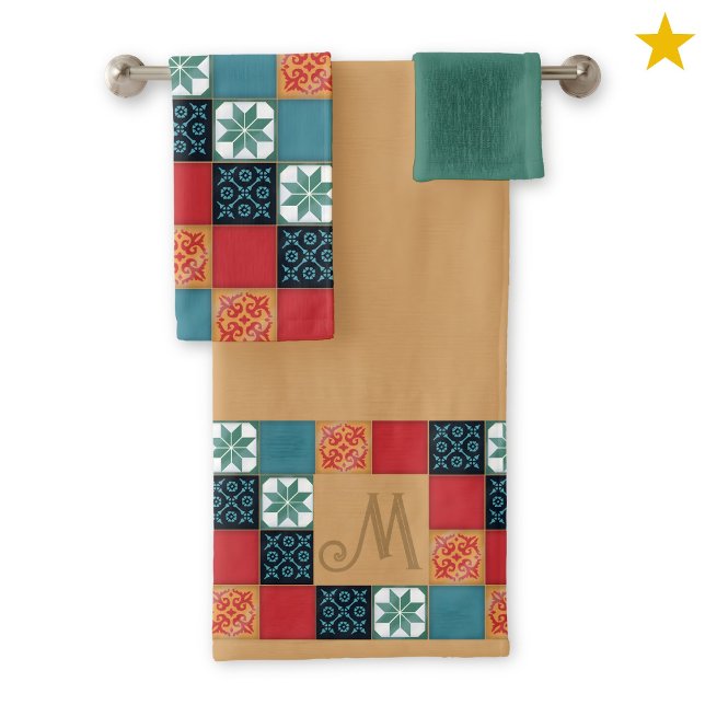 Spanish Portuguese Azulejos Tiles Monogram Initial Badhandtuch Set (Von Creator hochgeladen)