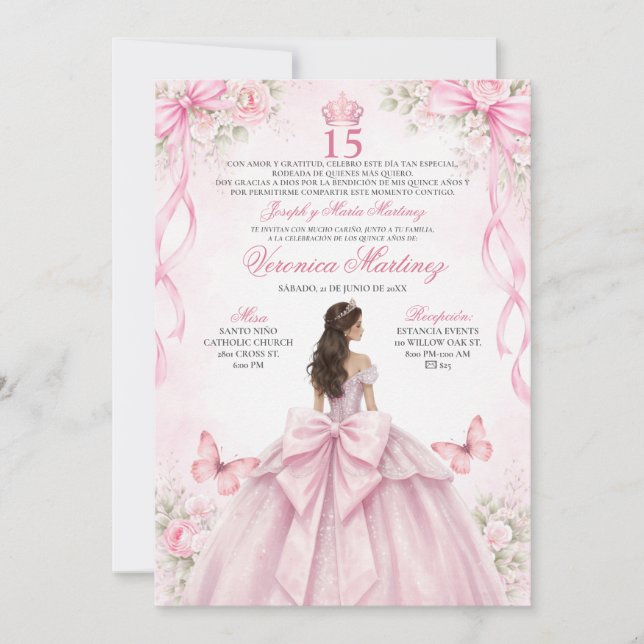 Spanish Quinceañera Blush Pink 15 Años Princess Einladung (Vorderseite)