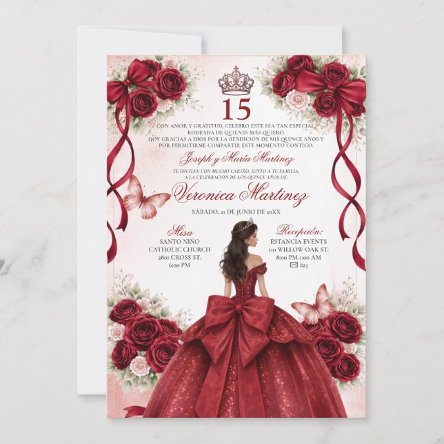 Spanish Quinceañera Burgundy Red 15 Años Princess Einladung (Vorderseite)