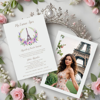 Spanish Quinceañera Romantic Eiffel Tower Photo Einladung