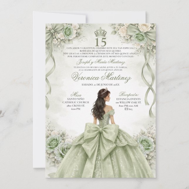 Spanish Quinceañera Sage Green Princess 15 Años Einladung (Vorderseite)