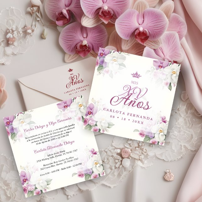 Spanish Romantic Mis XV Floral Orchids Bouquets Einladung (Spanish Romantic Exquisite Floral Orchids Bouquets Mis XV Años Invitation Card. )