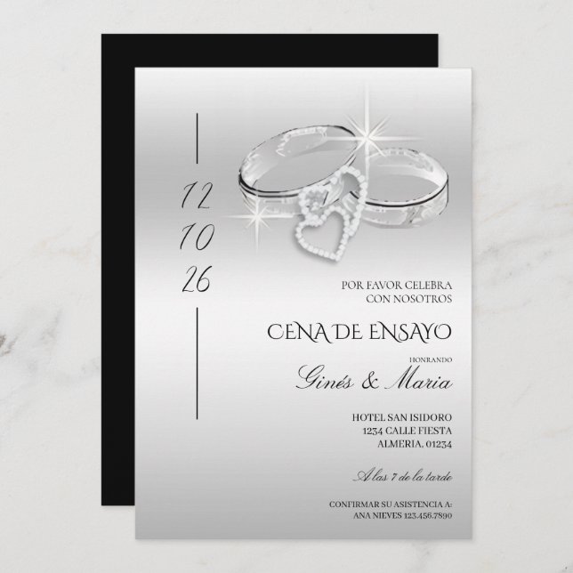 Spanish Silver Wedding Rings Rehearsal Dinner Einladung (Vorne/Hinten)