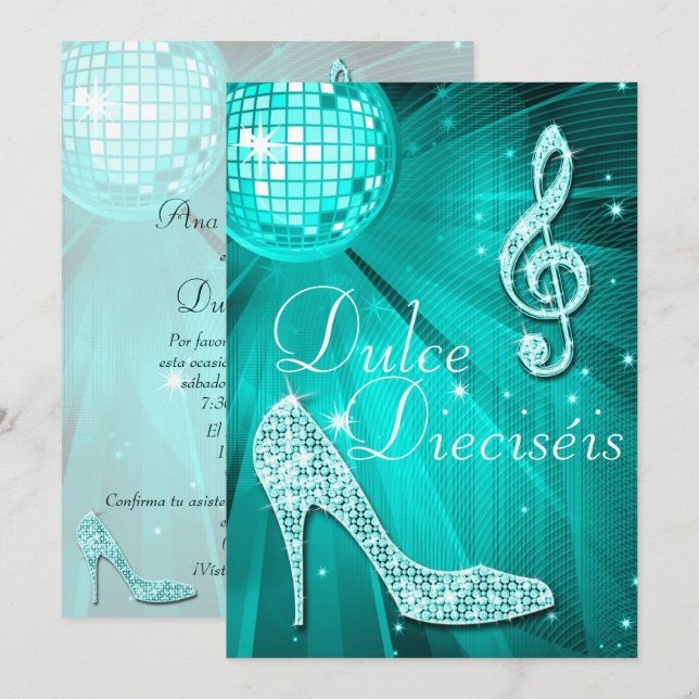 Spanish Teal Disco Ball and Sparkle Heels Sweet 16 Einladung (Vorne/Hinten)