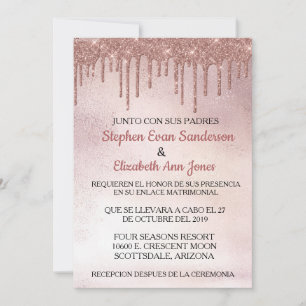 Spanish Wedding Rose Gold Glitzer Tropfen Einladung