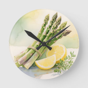 Spargel-Zitronen-Aquarell Runde Wanduhr