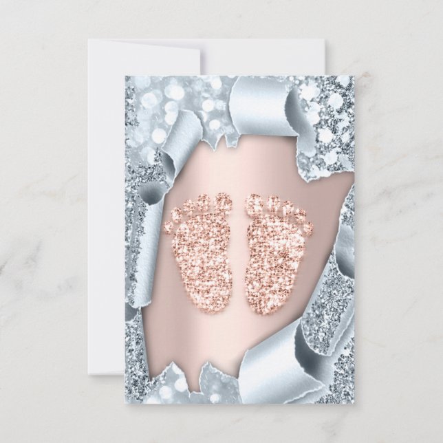 Spark Glitzer Tropfen Rose Blue Baby Dusche Feet Einladung (Rückseite)