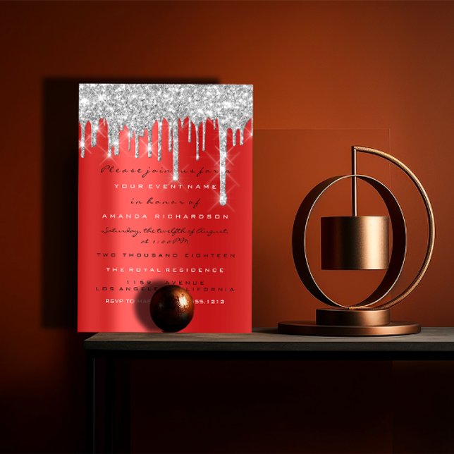 Spark Glitzer Tropfen Silver Red Gray Bridal 16. Einladung (Spark Glitter Drip Silver Red Gray Bridal 16th Invitation)