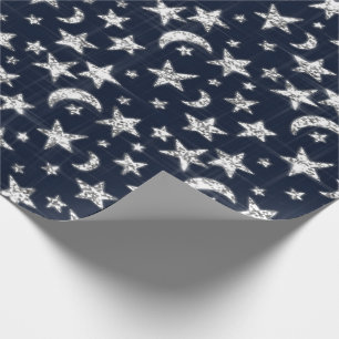 Spark Silver Gray Stars Moon Twinkl Blue Navy Geschenkpapier