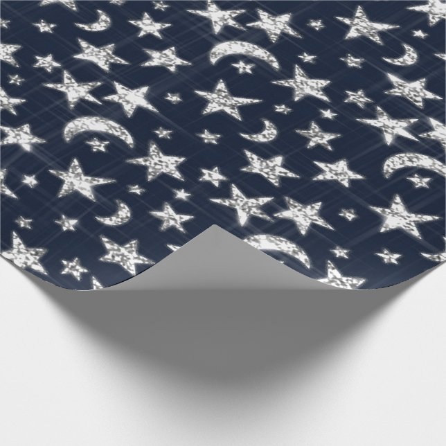 Spark Silver Gray Stars Moon Twinkl Blue Navy Geschenkpapier (Ecke)