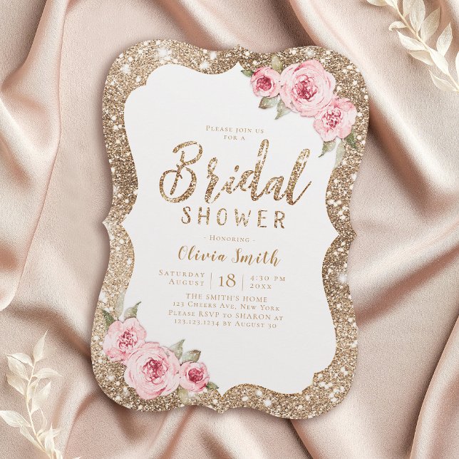 Sparkaler Glitzer und rosa Brautparty Einladung (Sparkle gold glitter and pink floral bridal shower invitation)