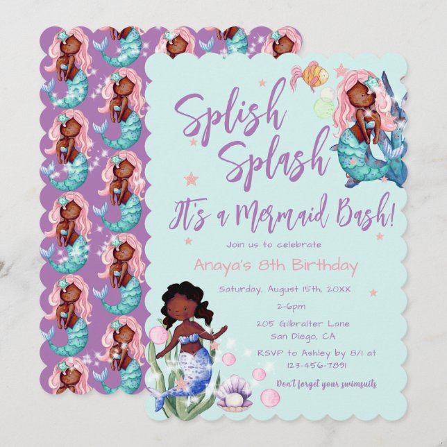 Sparkle American Mermaid Bash Birthday Einladung (Vorne/Hinten)