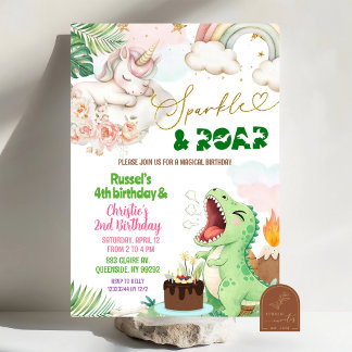 Sparkle And Roar Unicorn Dinosaur Joint Birthday Einladung