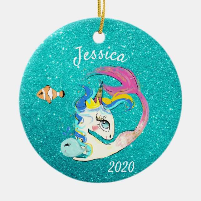 Sparkle Aquamarin Mermaid Unicorn Personalisierter Keramik Ornament (Vorne)