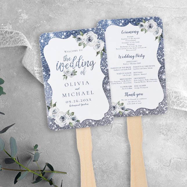 Sparkle blauer Glitzer und blumenblühendes Hochzei Fächer (Sparkle blue glitter and floral wedding program hand fan)
