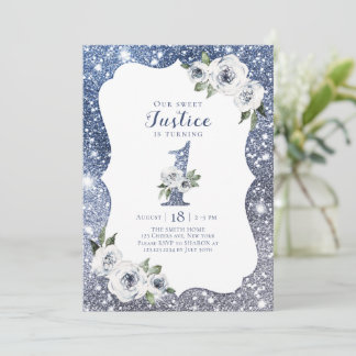Sparkle blauer Glitzer und Blütenblüte 1. Geburtst Einladung
