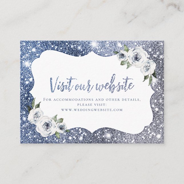 Sparkle Blue Glitzer Floral Website Insert Card Platzkarte (Vorderseite)