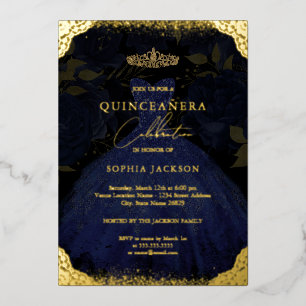 Sparkle Blue Gold Dress Tiara Foto Quinceanera Folieneinladung