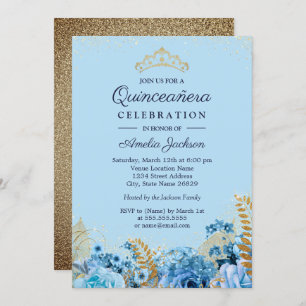 Sparkle Blue Gold Glitzer Blumenstrauß Quinceanera Einladung