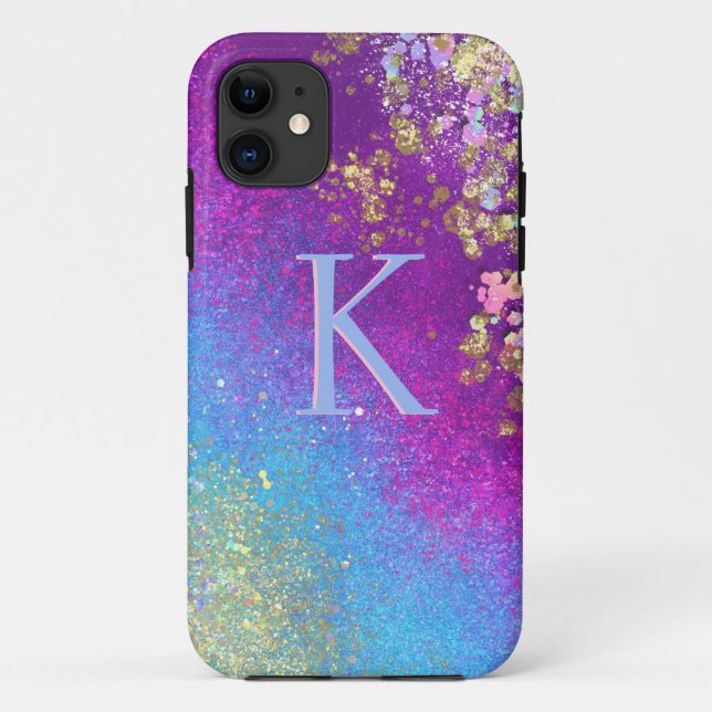 Sparkle Blue & Lila Glitzer Monogram iPhone Case (Rückseite)