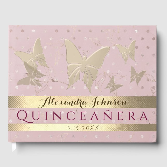Sparkle Blush Pink Gold Schmetterlinge Quinceanera Gästebuch (Vorderseite)